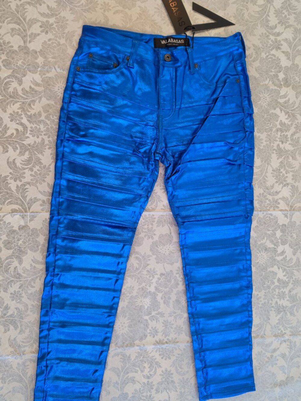 NWT Valabasas Delta Stacked Jeans Electric Blue Blu Reale Waxed Pleated